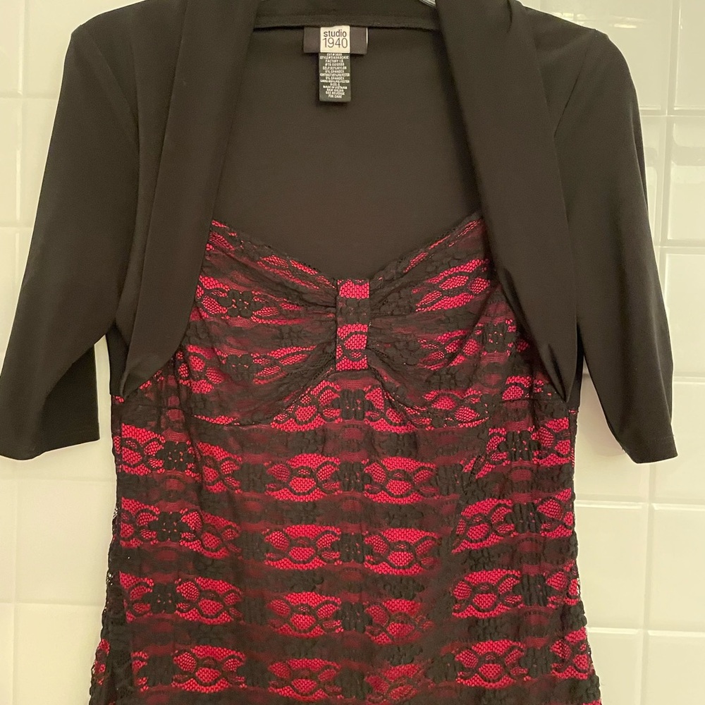 Studio 1940 Black Lace Overlay Red Camisole Top with Shrug